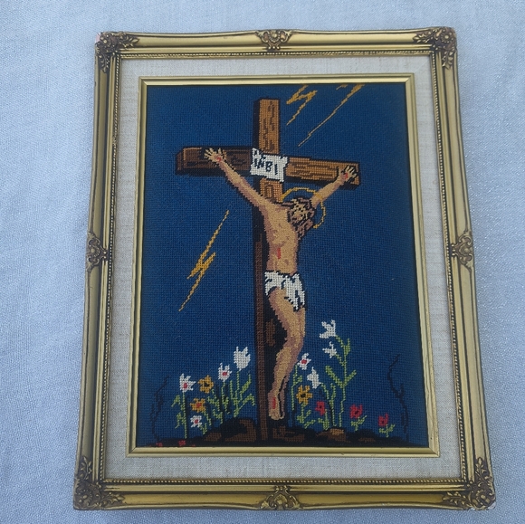 Framed Hand-Embroidered Piece of Art Depicting the Crucifixion of Jesus Christ